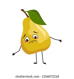 Pear character with sad emotions, depressed face, down eyes, arms and legs. Person with melancholy expression, fruit emoticon. Vector flat illustration