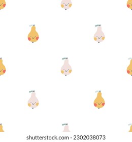 Pear character seamless pattern with smiley face. Hand-drawn cartoon doodle in simple naive style. Vector illustrations in a pastel palette for kids. Isolate cute fruit on a white background
