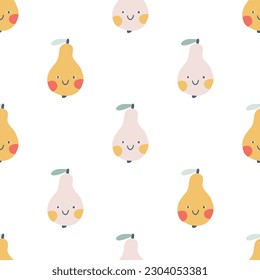 Pear character seamless pattern with smiley. Hand-drawn cartoon doodle in simple naive style. Vector illustrations in a pastel palette for kids. Isolate cute fruit on a white background