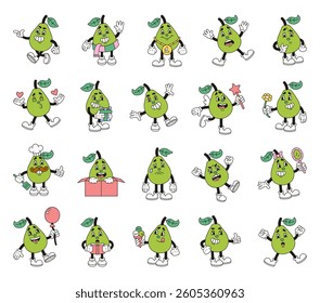 Pear character set showing different emotions and activities like cooking, reading, holding gifts, thinking, and celebrating magical and romantic moments in adorable cartoon style