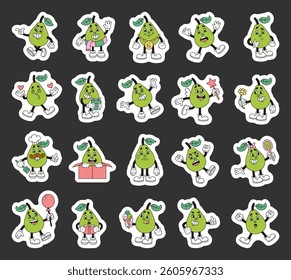 Pear character set showing different emotions and activities like cooking, reading, holding gifts, thinking, and celebrating magical and romantic moments in adorable cartoon style