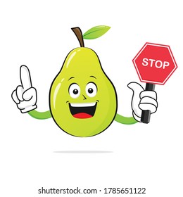 Sonrisas del personaje Pear portando una señal de parada en un vector de fondo blanco

