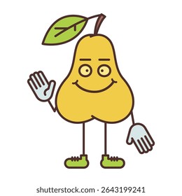 Pear character waves his hand and smiling. Vector Illustration