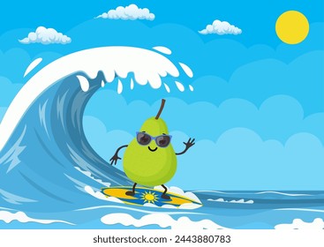 personajes de pera surfeando en las olas. Vacaciones en el mar. Actividades en la playa. Hora de verano. Ilustración vectorial en estilo plano