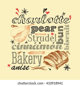 Pear Charlotte. Letter design hand drawn vector isolated for bakery shop, confectionery. Vector sketch different words and elements for baking and sweet themes. 