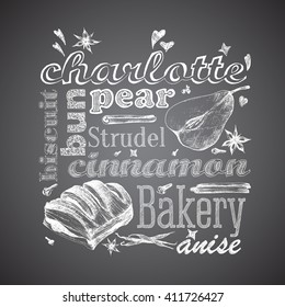 Pear Charlotte. Letter design hand drawn vector isolated for bakery shop, confectionery. Vector sketch ?harlotte different words and elements for baking and sweet themes. Chalkboard style ?harlotte.