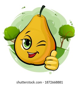 Pear cheerful smile. Juicy red fruit with a muzzle. Cartoon style. Isolated over white background. Vector illustration. Bright summer composition. Winks.