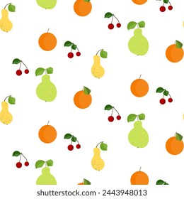 pear with cherry and orange seamless vector pattern, fruit flat style endless illustration on white background