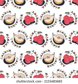 Pear and Cherry. Seamless pattern on a white background. Cute vector illustration.