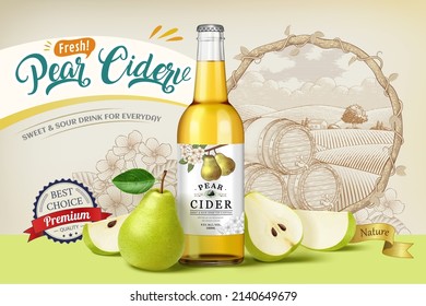 Pear cider banner ad. 3D Illustration of pear cider bottle with pear fruit and its wedges on retro engraving field background