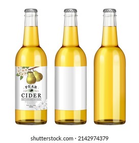 Pear cider bottle mockup. 3D Illustration of three glass bottles with silver caps and two with matt labels, and the other without