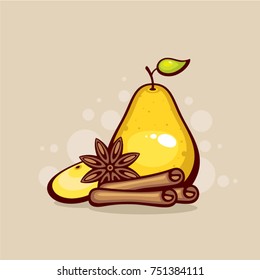 Pear and cinnamon vector illustration. Design for sweets and pastries, dessert menu, health care products, natural cosmetic.