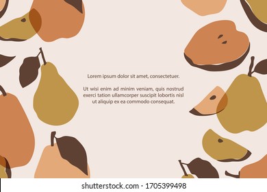Pear classic background with hand-drawn fruit icons with text and shadow. Nature plant illustration.