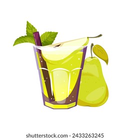 Pear cocktail. Summer refreshing drink, lemonade with pear and mint. Vector illustration.