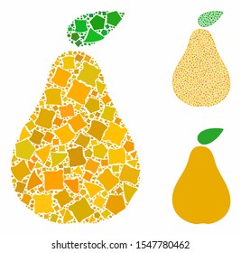 Pear composition of inequal items in variable sizes and color tints, based on pear icon. Vector trembly pieces are composed into collage. Pear icons collage with dotted pattern.