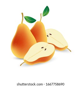 Pear composition on a white background. Whole and halves of a red-yellow pear with green leaves. Bright saturated colors. An element of your design.