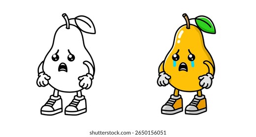 pear crying cartoon character complete with sketch, pear icon, pear logo, suitable for sticker or emot.