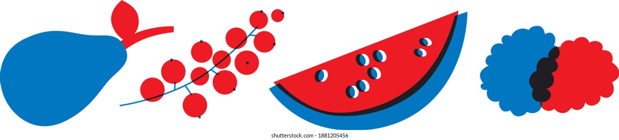 Pear, currant, watermelon, raspberry set vector. Summer fruit cartoon flat style. Horizontal banner. Can be use for restaurants menu, cover, packaging.