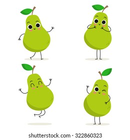 Pear. Cute fruit vector character set isolated on white