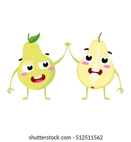 Pear. Cute fruit vector character couple isolated on white background. Funny emoticons faces. Vector illustration. Vector clip art.