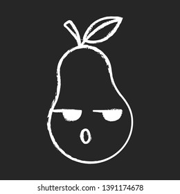 Pear cute kawaii chalk character. Serious fruit with smiling face. Embarrassed, dissatisfied and sad food. Funny emoji, emoticon. Vector isolated chalkboard illustration