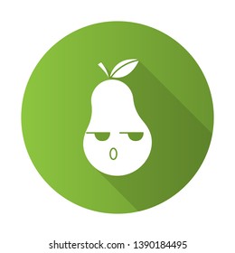 Pear cute kawaii flat design long shadow glyph character. Serious fruit with smiling face. Embarrassed, dissatisfied and sad food. Funny emoji, emoticon. Vector isolated silhouette illustration