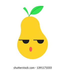 Pear cute kawaii flat design long shadow character. Serious fruit with smiling face. Embarrassed, dissatisfied and sad food. Funny emoji, emoticon. Vector isolated silhouette illustration