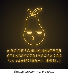 Pear cute kawaii neon light character. Serious and sad fruit. Healthy food. Funny emoji, emoticon, dissatisfied. Glowing icon with alphabet, numbers, symbols. Vector isolated illustration