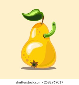 Pear with a cute worm, wormy pear, ripe fruit with a green caterpillar