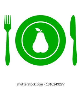 Pear and cutlery on white