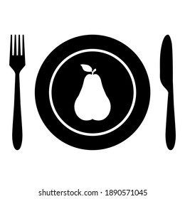 Pear and cutlery on white