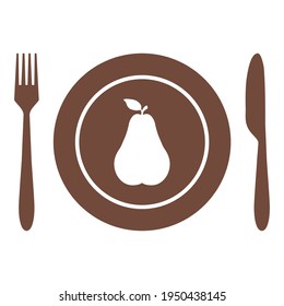 Pear and cutlery on white