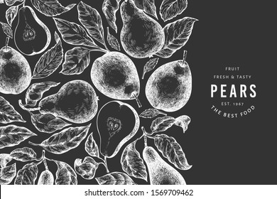 Pear design set. Hand drawn vector garden fruit illustration on chalk board. Engraved style garden retro botanical banner.