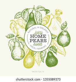 Pear design template. Hand drawn vector garden fruit illustration. Engraved style garden fruit frame. Vintage botanical banner.