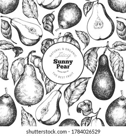 Pear design template. Hand drawn vector garden fruit illustration. Engraved style garden fruit frame. Retro botanical banner.