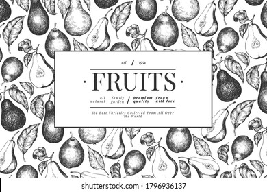 Plantilla de diseño de peras. Ilustración de frutas vectoriales dibujadas a mano. Marco de fruta de jardín de estilo grabado. Banner botánico retro.