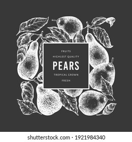 Plantilla de diseño de peras. Ilustración de frutas de huerto vectorial dibujada a mano en pizarra de tiza. Banner botánico retro de jardín de estilo grabado.