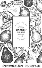 Plantilla de diseño de peras. Ilustración de frutas vectoriales dibujadas a mano. Banner botánico retro de jardín de estilo grabado.