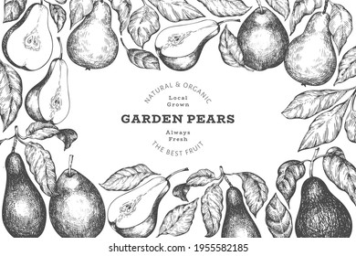Birnendesign-Vorlage. Handgezeichnete Vektorgrafik von Obstplantagen. Stilvoll gestalteter Garten Retro botanischer Banner.