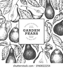 Plantilla de diseño de peras. Ilustración de frutas vectoriales dibujadas a mano. Banner botánico retro de jardín de estilo grabado.