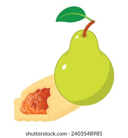 Pear dessert icon isometric vector. Puff pastry with jam near fresh green pear. Dessert, food concept