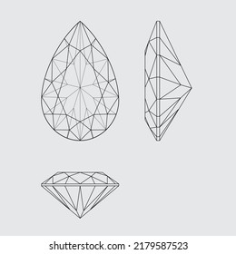 Forma de corte de diamante permeable y diagramas de diseño con el nombre de ilustración vectorial, aislados en fondo gris.