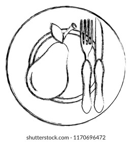 pear in dish with fork and knife