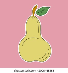 Pear doodle sticker. Vector illustration. Pink isolated background.