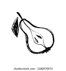Pear drawing isolated. Back hand-drawn fruit icon. Stencil style illustration of pear symbol for organic food logo, juice label design, vegetarian sign, fruity packaging. Vector fruit-sugar insignia.