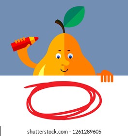 Pear drawing a red pencil empty frame on a blank sheet. Flat style vector illustration. Funny cartoon character for agriculture or food design