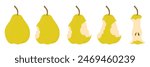 Pear eating steps cartoon icon set. Stages of biting red ripe Pear from whole to half and core, bite progression cartoon set sequence animation of eaten fruit. Trendy flat style vector illustration