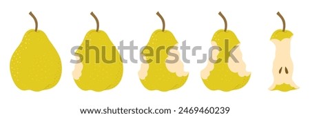 Pear eating steps cartoon icon set. Stages of biting red ripe Pear from whole to half and core, bite progression cartoon set sequence animation of eaten fruit. Trendy flat style vector illustration