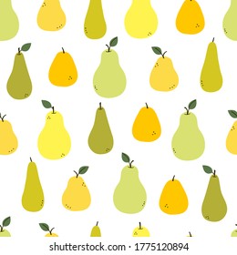 Pear. Endless texture with yellow, green, orange pears and leaves isolated on white. Positive fruit summer print. Modern vector seamless pattern in flat cartoon style. Background, wallpaper