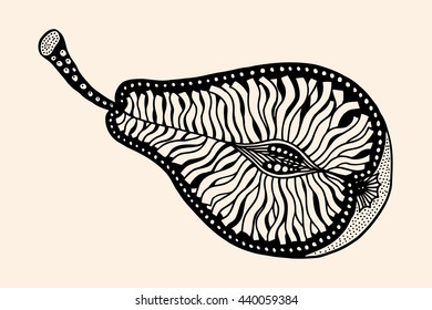 pear exotic fruit with abstract pattern. Vector illustration. Hand drawn Doodle artwork. Summer concept for party card, ticket, branding, logo, label. Black, beige color